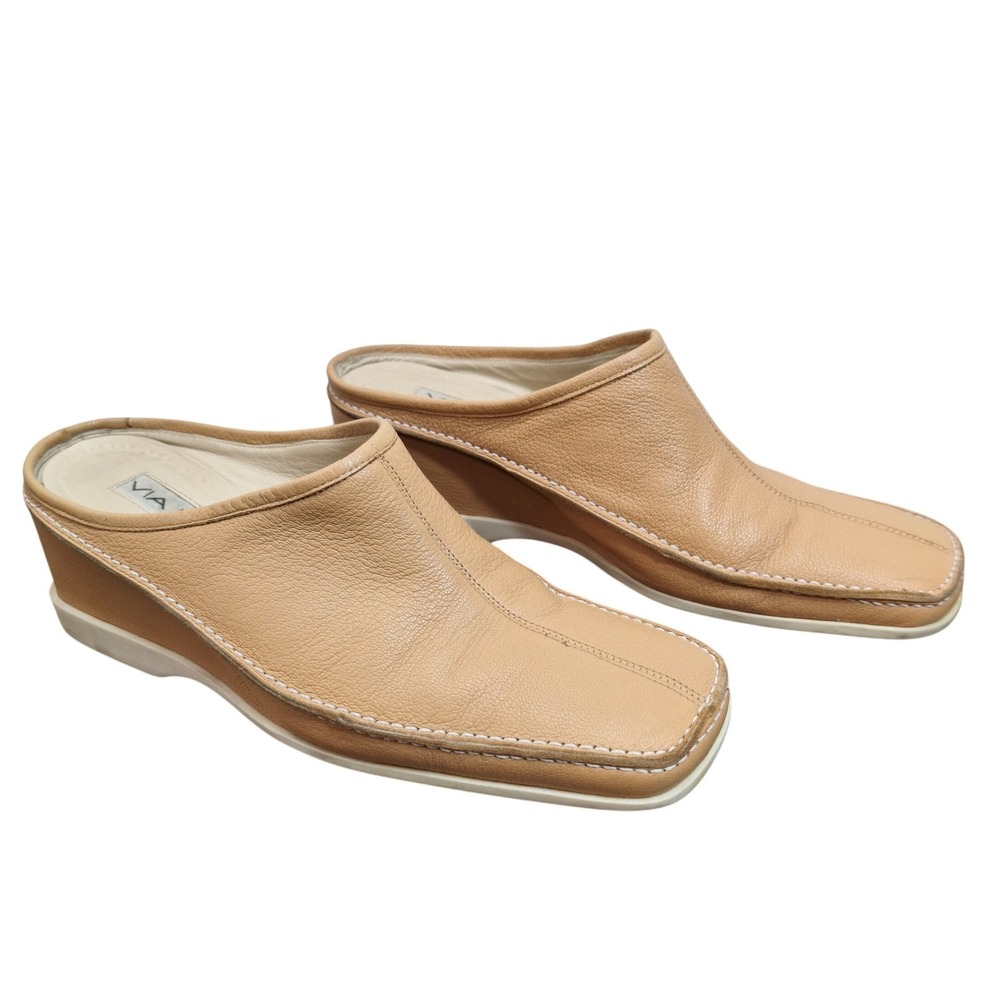 Via Spiga Tan Leather Wedge Mules Square Toe Made in Italy Women's 8.5 M Beige
